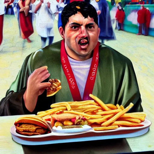 Prompt: roman emperor eating fast food at the olympic games, photo realism