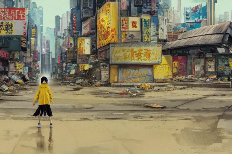 Image similar to incredible wide screenshot, ultrawide, simple watercolor, rough paper texture, ghost in the shell movie scene, backlit distant shot of girl in a parka running from a giant robot invasion side view, yellow parasol in deserted dusty shinjuku junk town, broken vending machines, bold graphic graffiti, old pawn shop, bright sun bleached ground, mud, fog, dust, windy, scary robot monster lurks in the background, ghost mask, teeth, animatronic, black smoke, pale beige sky, junk tv, texture, brown mud, dust, tangled overhead wires, telephone pole, dusty, dry, pencil marks, genius party, shinjuku, koji morimoto, katsuya terada, masamune shirow, tatsuyuki tanaka hd, 4k, remaster, dynamic camera angle, deep 3 point perspective, fish eye, dynamic scene