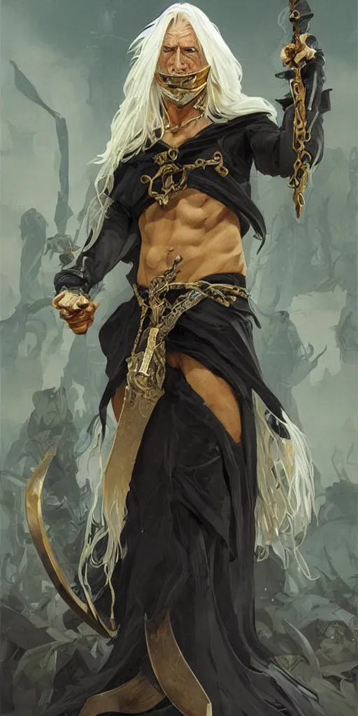 Prompt: full body character design of The King of Thieves, Long White Hair, wielding Daggers, Scars, Half Gold Mask, Broken Shackles, highly detailed, Tattoos, concept art, sharp focus, character concept art, smooth, illustration, by artgerm and greg rutkowski and alphonse mucha