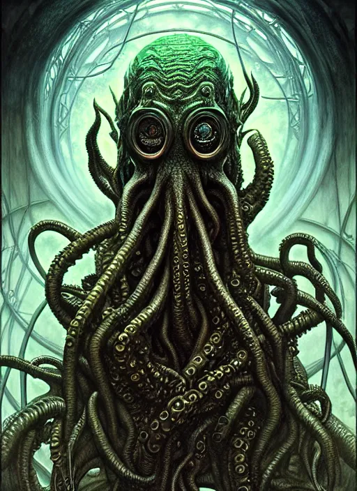 Prompt: portrait of cthulhu, hyper detailed masterpiece, dystopian background, jean giraud, digital art painting, darkwave goth aesthetic, lovecraftian, artgerm, donato giancola and tom bagshaw
