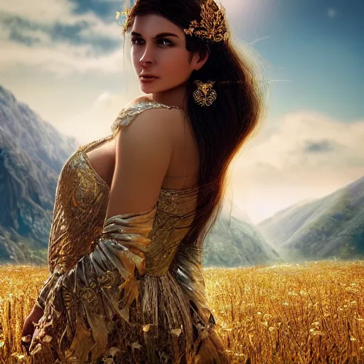 Image similar to a radiant greek mythology goddess walking in a beautiful field, mountains in the distance, jewelry, crown, confident, gorgeous, stunning, dramatic lighting, detailed, very realistic, trending on Artstation, Cgsociety