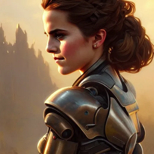 Image similar to beautiful Emma Watson in a Power Armor, western, closeup, D&D, fantasy, intricate, elegant, highly detailed, digital painting, artstation, concept art, matte, sharp focus, illustration, art by Artgerm and Greg Rutkowski and Alphonse Mucha