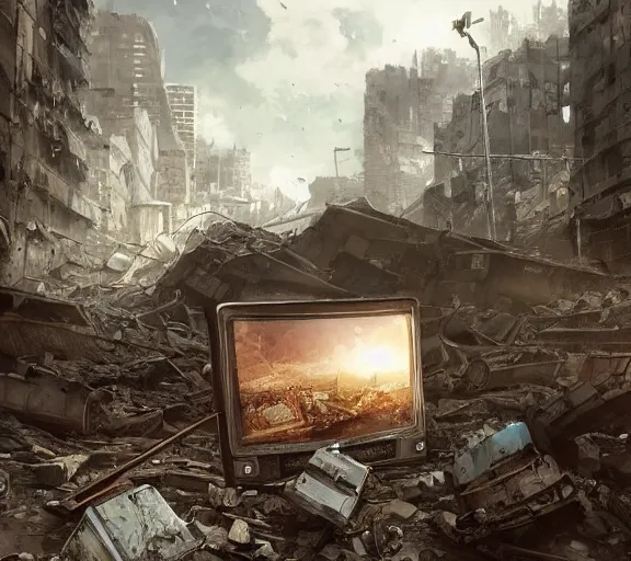 Prompt: an old-fashioned television in a pile of rubble in an apocalypse. Post apocalyptic, ruins, rubble, gloomy. By Makoto Shinkai, Stanley Artgerm Lau, WLOP, Rossdraws, James Jean, Andrei Riabovitchev, Marc Simonetti, krenz cushart, Sakimichan, trending on ArtStation, digital art.