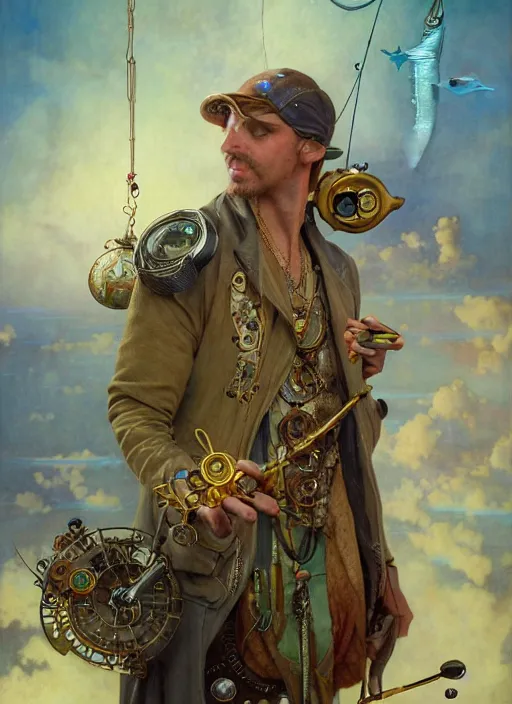 Image similar to hyper realistic fisherman, birds eye view, magical, gems, jewels, gold, steampunk, cyberpunk utopia, painted by tom bagshaw, mucha, gaston bussiere, craig mullins, j. c. leyendecker 8 k