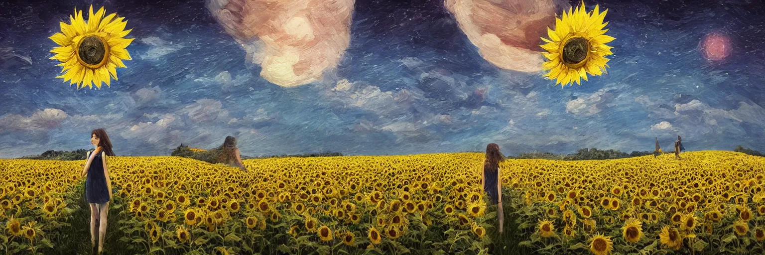 Image similar to giant sunflower as a head, girl walking in wheat field, hills, surreal photography, dark night, star trails, dramatic light, impressionist painting, clouds, digital painting, artstation, simon stalenhag