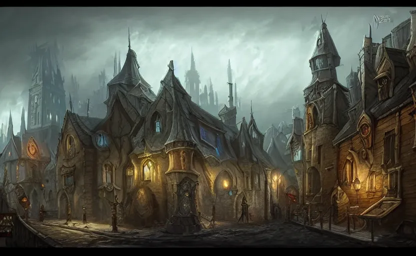 Image similar to extreme long shot concept art depicted old english majestic town, dramatic mood, overcast mood, dark fantasy environment, art by legends of runeterra and league of legends and arcane, art by tony sart, trending on artstation, unreal engine