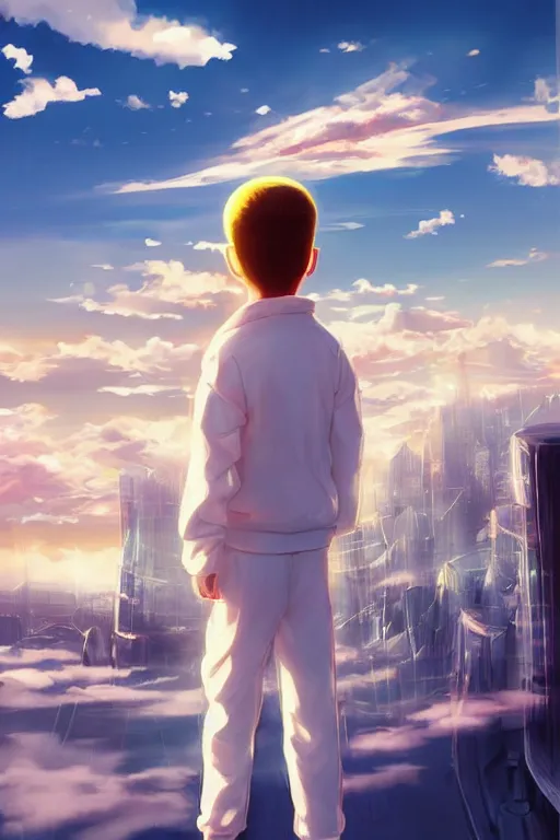 Prompt: young boy in white tracksuit overlooking a futuristic city, golden hour, dreamy, beautiful clouds, beautiful artwork by Makato Shinkai, futuristic