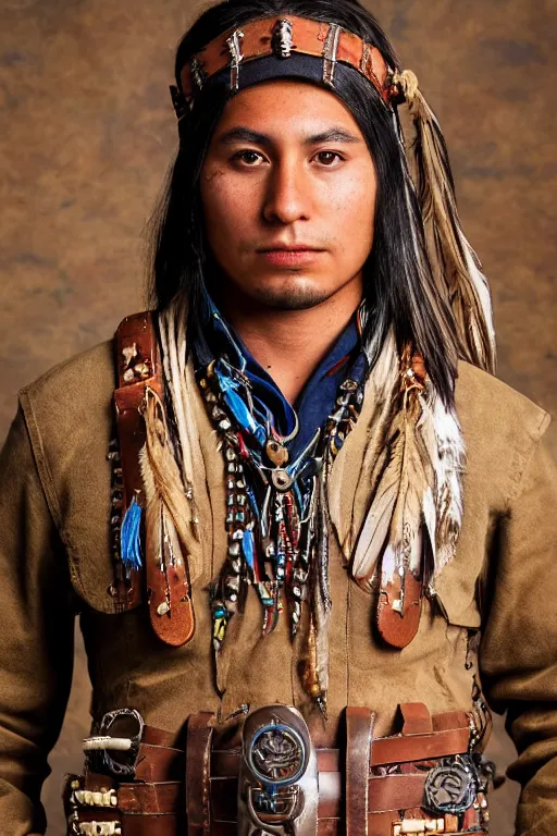 Image similar to young thin native American Indian man, wearing cargo buckskin jacket buckskin tactical toolbelt pockets bandolier full of trinket and baubles, steampunk arcane shaman, deadlands, weird west