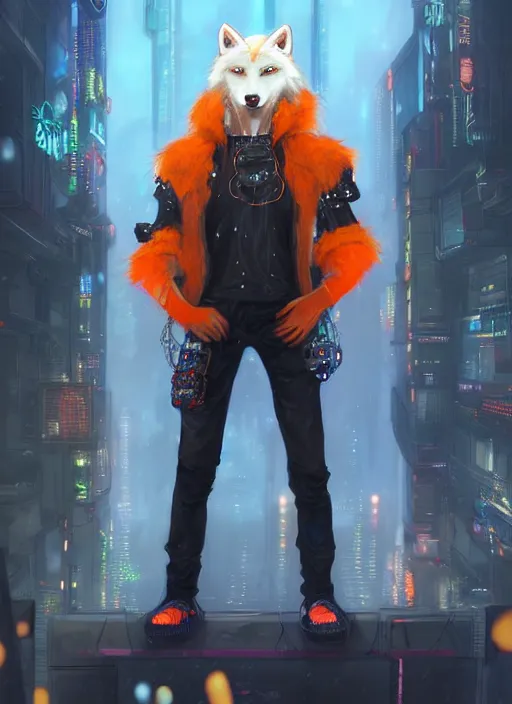 Prompt: award winning beautiful portrait commission of a male furry anthro albino wolf fursona with a tail and a cute beautiful attractive detailed furry face wearing stylish black, orange and blue cyberpunk biker clothes standing on top of a high rise in a cyberpunk city at night while it rains. Character design by charlie bowater, ross tran, artgerm, and makoto shinkai, detailed, inked, western comic book art