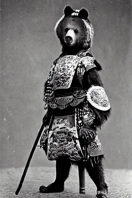 Image similar to “ grizzly bear in full ornate samurai armour, 1 9 0 0 ’ s photo ”