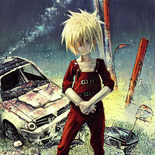 Image similar to a skinny elf with spiky blonde hair wearing dark brown overalls and holding dynamite standing next to a destroyed car, painting by Yoshitaka Amano