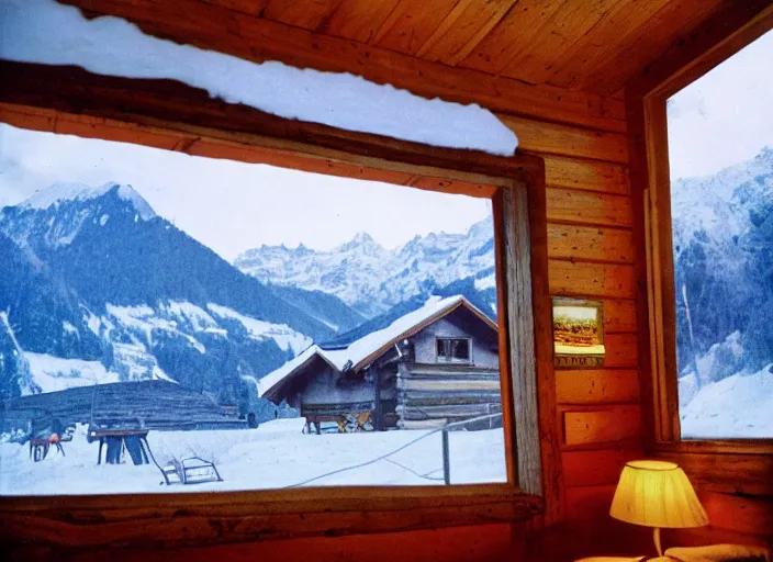 Image similar to a 3 5 mm kodachrome photo of a cozy cabin in the swiss alps in the 1 9 5 0's