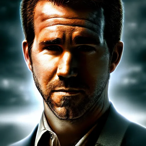 Image similar to a portrait of a Ryan Reynold as a John constantine, DC ,Grim fantasy, superheroes , HDR, natural light, shoulder level shot, dynamic pose, award winning photograph, Mucha style 4k,