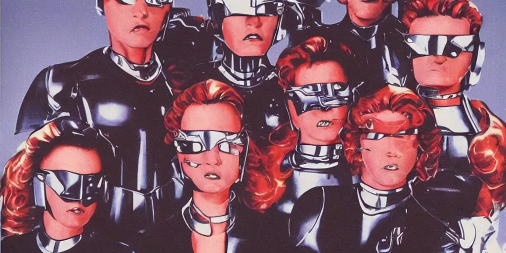 Image similar to cyclops robocop 1980s pop band, 1980s surrealism aesthetic, detailed facial expressions