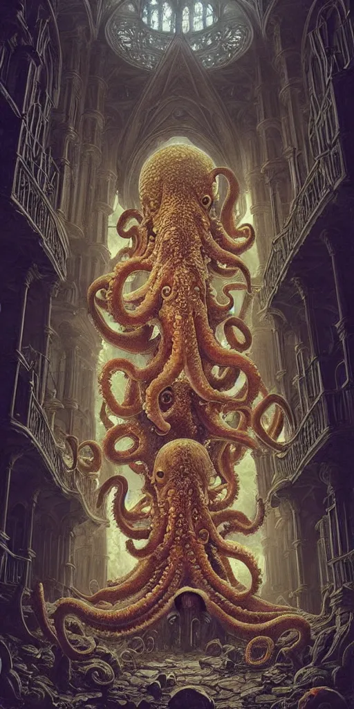 Image similar to group of mankind species mages with big octopus heads and a lot of small translucent jellyfishes floating around inside an ancient mage castle hall colossal scale, gothic and baroque, brutalist architecture, ultradetailed, Intricate by Ellen Jewett and Josan Gonzalez and Giuseppe Arcimboldo