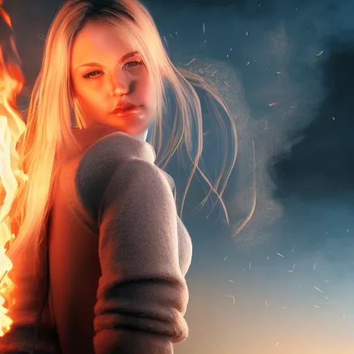 Prompt: beautiful young blonde woman from behind with flames in her hands during the end of the world, high detail, realistic, symmetrical face, art by unreal engine 5 art