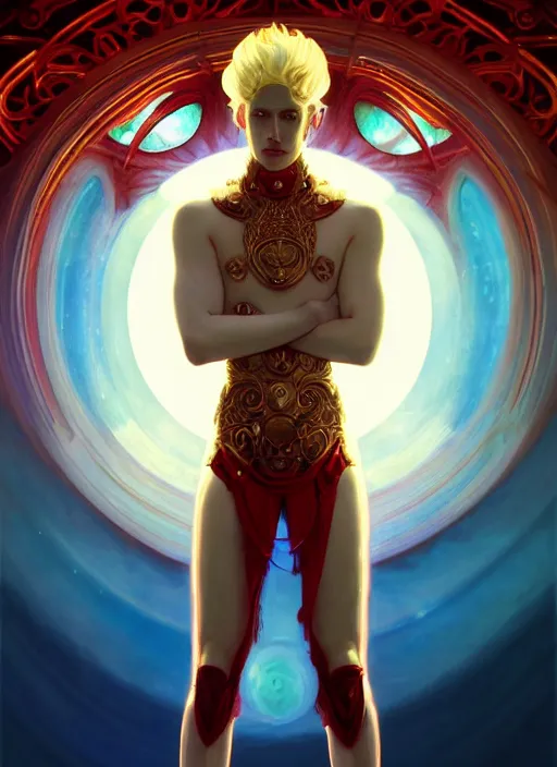 Prompt: the pale blond sun god apollo smirking, full body shot, sci fi, glowing eyes, volumetric lights, red and cyan theme, art nouveau botanicals, intricate, highly detailed, digital painting, artstation, concept art, smooth, sharp focus, cinematic, illustration, beautiful face, art by artgerm and greg rutkowski and alphonse mucha