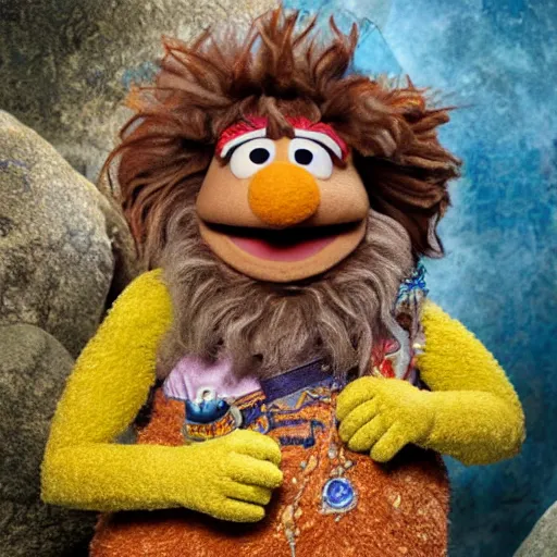 Image similar to an artificer dwarf muppet character with an obsession for gold and gems who loves to sleep on rocky terrain, sesame street, photograph, photography, ultrarealistic, national geographic