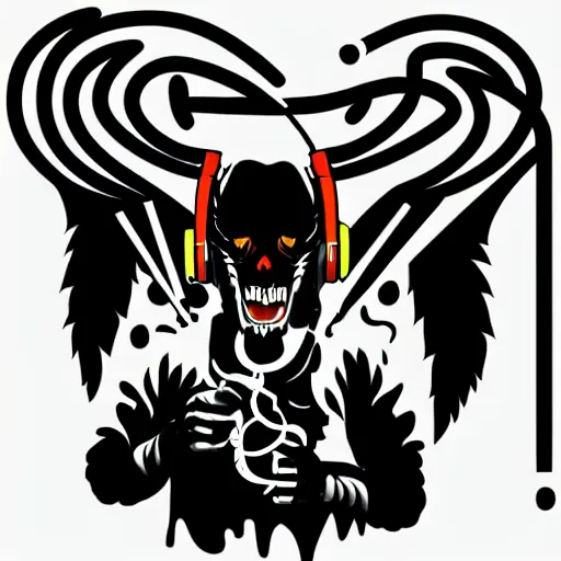 Image similar to svg vector sticker of, demon painting, rocking out, wearing headphones, huge speakers, dancing, rave, DJ, spinning records, digital art, amazing composition, rule-of-thirds, award-winning, trending on artstation, featured on deviantart