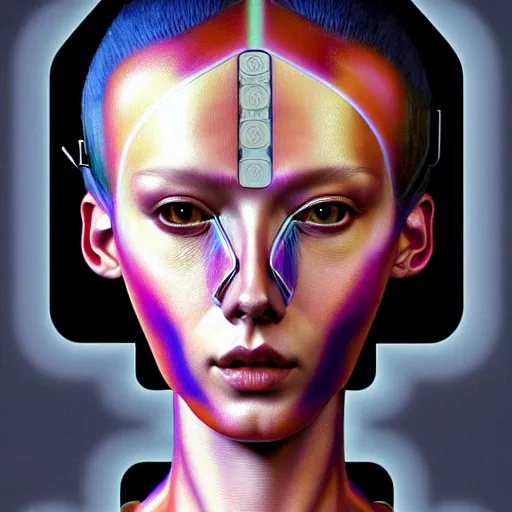 Image similar to Colour aesthetic Caravaggio style full body Photography of Highly detailed beautiful cybertronic ukrainian woman with 1000 year old detailed face wearing highly detailed retrofuturistic sci-fi Neural interface designed by Hiromasa Ogura . In style of Josan Gonzalez and Mike Winkelmann and andgreg rutkowski and alphonse muchaand and Caspar David Friedrich and Stephen Hickman and James Gurney and Hiromasa Ogura. Rendered in Blender and Octane Render volumetric natural light