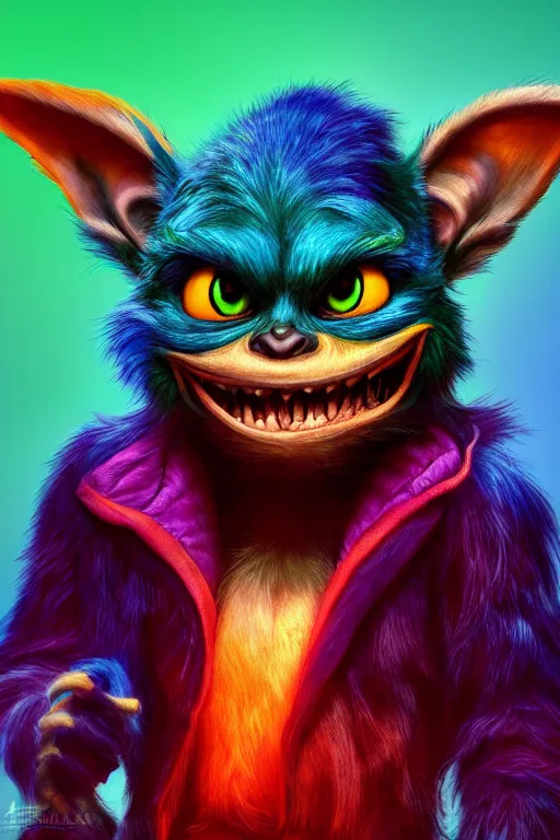 Image similar to colorful full body shot of gizmo gremlin, trending on artstation, trending on deviantart ,cinematic backlighting, 8k, symmetrical, correct proportions, hyper detail, studio disney