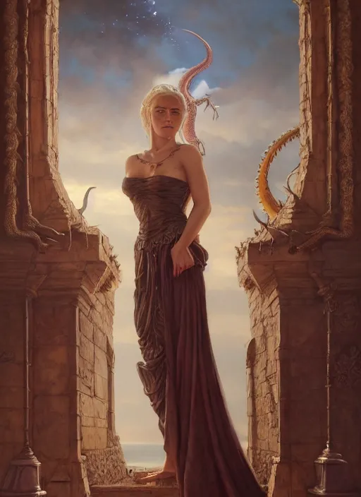 Image similar to a painting of Daenerys Targaryen in fantastic dress next to a dragon, by Jaime Jones,Tom Bagshaw,Lawrence Alma-Tadema,greg rutkowski,deviantart contest winner, fantasy art, daz3d,intricate,elegant,highly detailed,8k,digital painting,concept art, sharp focus, illustration,golden ratio