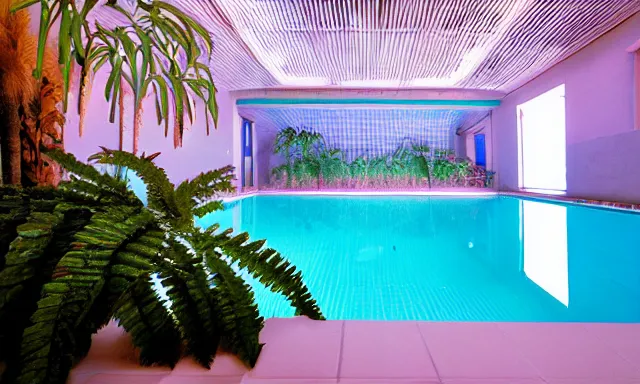 Prompt: indoor pool with ferns and palm trees, pool tubes, chromatic abberation, dramatic lighting, depth of field, 80s photo