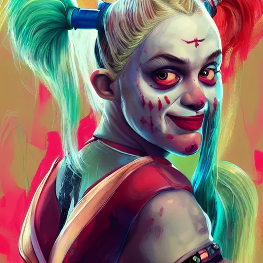 Prompt: Portrait of Harley Quinn but she's a beautiful ape-girl with long pony tails on either side of her head, illustration, by James Jean, artgerm, octane render, by John Coltrane and Marc Simonetti, Manic, graffiti background, kinemacolor, colorful, high detail of the face, full body