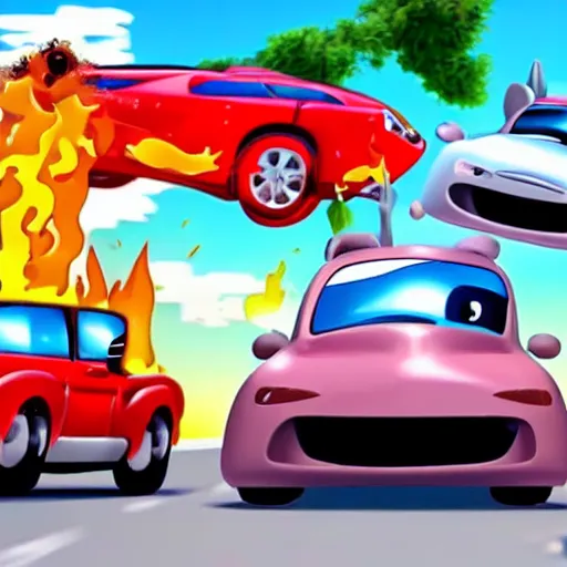 Image similar to a before and after shot of a cartoon car accident, hd cinematic cartoon,