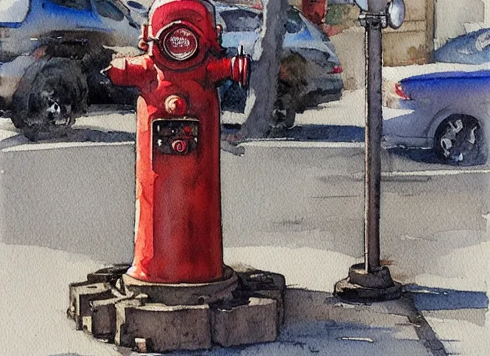 Prompt: concept art of a hydrant, pinterest, artstation trending, behance, watercolor, by coby whitmore, silver, laser light,