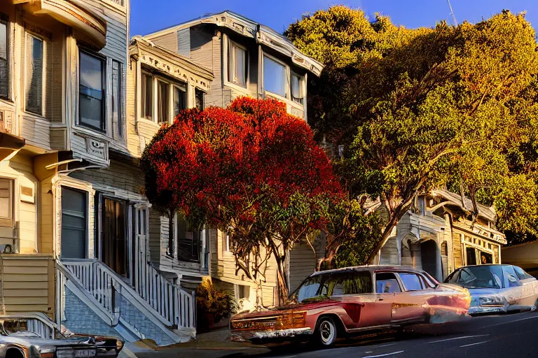 Prompt: typical San Francisco houses, award winning photograph, high exposure, golden hour, 15-30mm, panorama, autumn, car lights, photorealistic, 70's cars, 70's filter, shadows