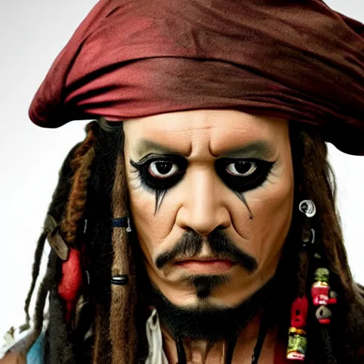 Prompt: uhd candid photo of jack sparrow wearing bizarre voodoo makeup, with accurate face, intricate voodoo costume, uhd, studio lighting, correct face, photo by annie leibovitz