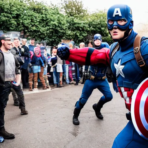 Prompt: photo of captain america fighting the edl in a british pub