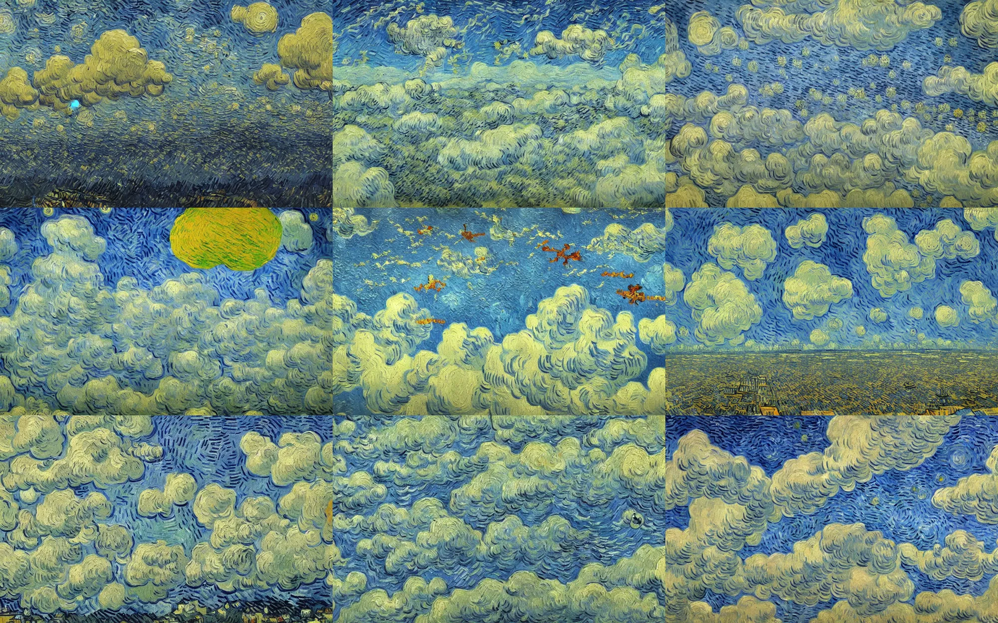 Prompt: detailed expressionist oil painting by van gogh of a flying airborne city floating in the clouds