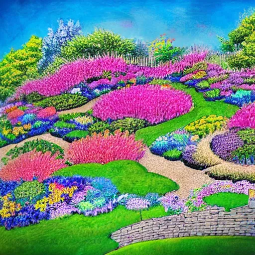 Image similar to a patent drawing of a gorgeous garden on the edge of a cliff filled with beautiful flowers of all colors and from all around the world