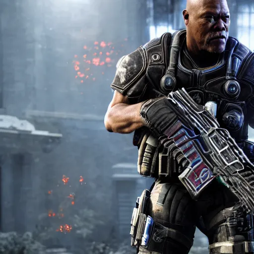 Prompt: Samuel L Jackson in Gears of War, splash art, movie still, cinematic lighting, dramatic, octane render, long lens, shallow depth of field, bokeh, anamorphic lens flare, 8k, hyper detailed, 35mm film grain