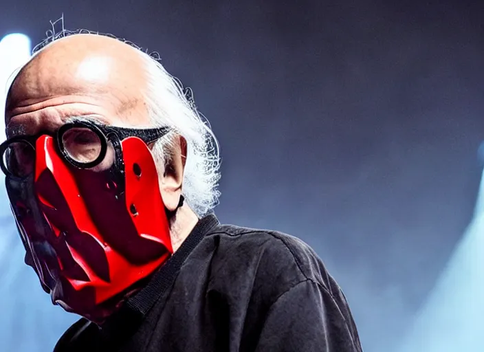 Image similar to publicity photo still of larry david wearing a slipknot mask touring with slipknot live on stage, 8 k, live concert lighting, mid shot