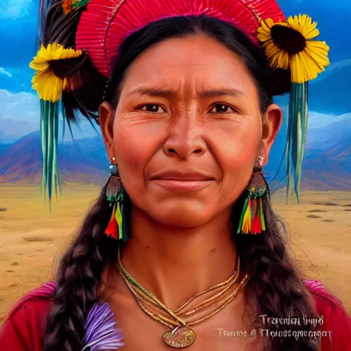 Image similar to portrait of a bolivian woman ( 3 5 ) from bolivia in 2 0 2 1, an oil painting by ross tran and thomas kincade