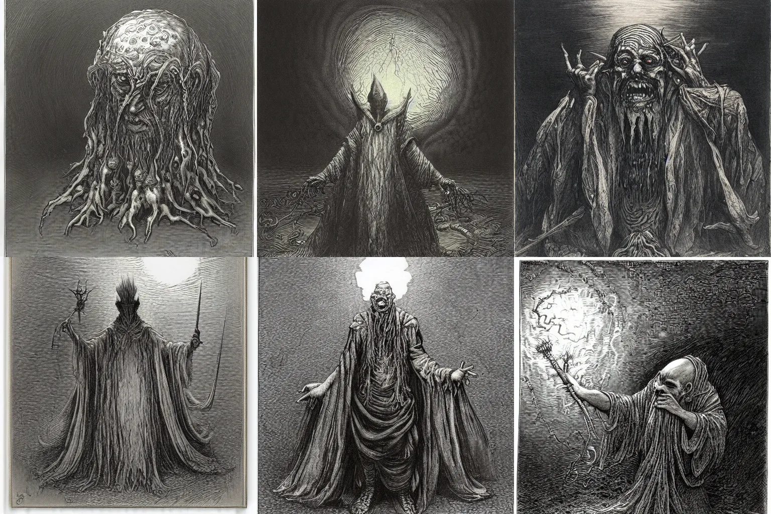 Prompt: onion sorcerer by Gustave Dore, horror, style of Yoshitaka Amano