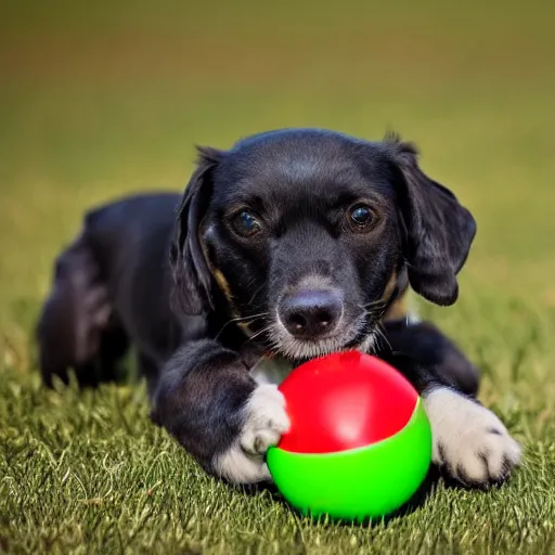 Prompt: a green dog playing with a red ball