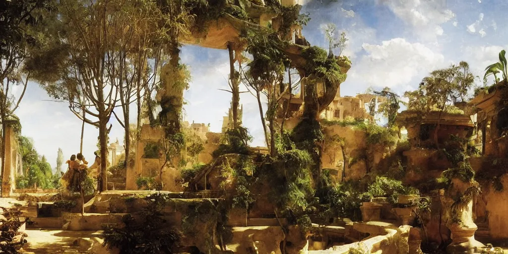 Image similar to beautiful landscape oil matte painting, of bustling empire hanging gardens of babylon, art by anders zorn, wonderful masterpiece highly detailed, beautiful cinematic light deep focus, elegant, digital painting, smooth, sharp focus, golden ratio, dramatic illumination, ultra realistic, 8 k, art by artemisia lomi gentileschi and caravaggio