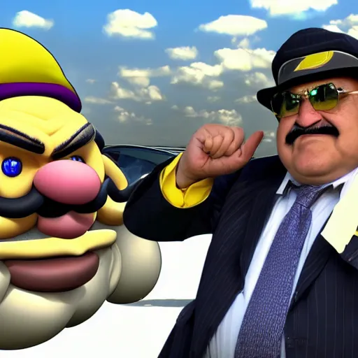 Image similar to wario as a shady car salesman, realistic, 4 k, hd.