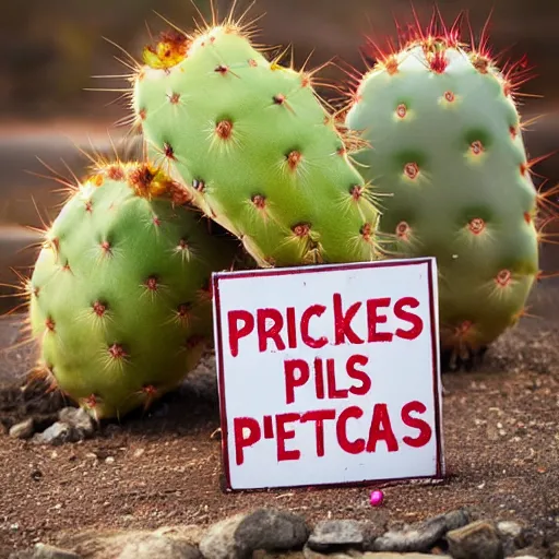 Prompt: prickles pears with a sign with cactus written on it