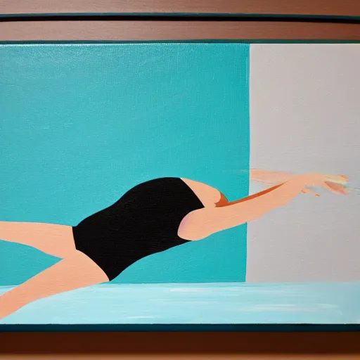 Prompt: acrylic painting on wood of a woman wearing a swimming cap diving from a high diving board into a pool. the pool is out of frame. teal, white, black and grayscale. simple. flat. vintage, mid - century modern. mid - drive, in the air, fully body, anatomically correct