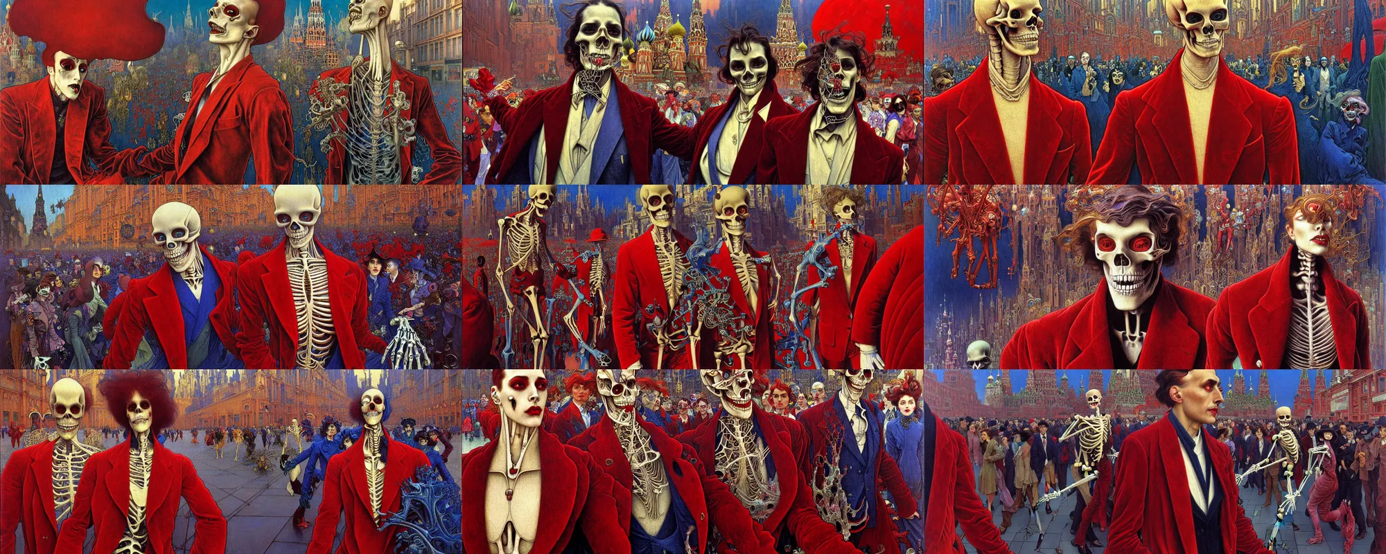 Image similar to realistic detailed closeup portrait painting of a single skeleton wearing red velvet blazer in a crowded futuristic moscow street by Jean Delville, Amano, Yves Tanguy, Alphonse Mucha, Ernst Haeckel, Edward Robert Hughes, Roger Dean, cinematic composition, dynamic pose, rich moody colours, blue eyes