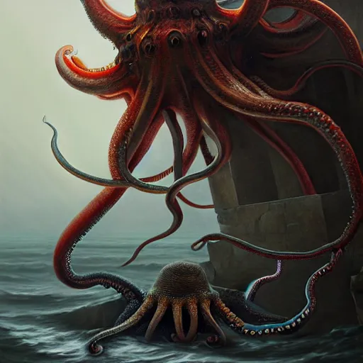 Image similar to a dream fantasy painting of a giant octopus attack a swimming man, by beksinki, giger, greg rutkowski, carne griffith trending on artstation, deviantart, photorealism