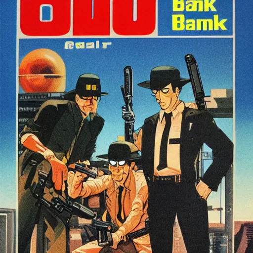 Prompt: 1979 OMNI Magazine Cover bank robbers, Bank Robbery Movie, Anime, Highly Detailed, Inspired by Heat + Golgo 13 + Lupin the 3rd , 8k :4 by Vincent Di Fate + Katsuhiro Otomo : 8