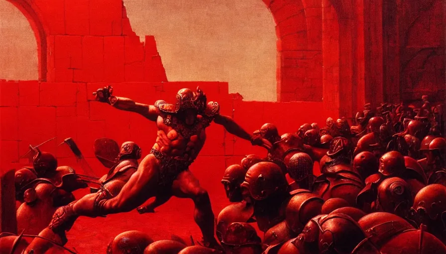 Image similar to only with red, an armored gladiator in a crowded roman amphitheatre, crowd cheering, in the style of beksinski and edward hopper and rodcenko and yue minjun and rolf armstrong, intricate and epic composition, red by caravaggio, highly detailed, masterpiece, red light, artstation