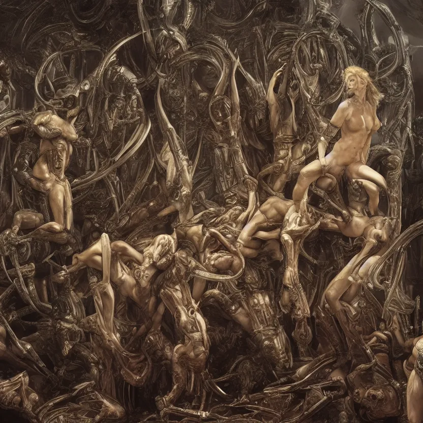 Image similar to still frame from Prometheus movie, Slaanesh succubus godess ssurounded by ornate pylons by wayne barlowe by caravaggio by giger by malczewski, avantgarde 4k wallpaper