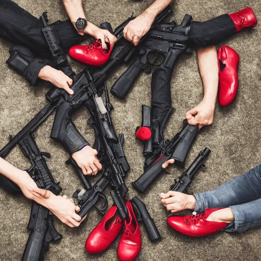 Image similar to 4 people, some guns, reality is collapsing, what the hell is this? red shoes, and some vegan food